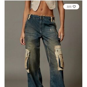 Urban Outfitters Blue and Tan Wide leg Jeans